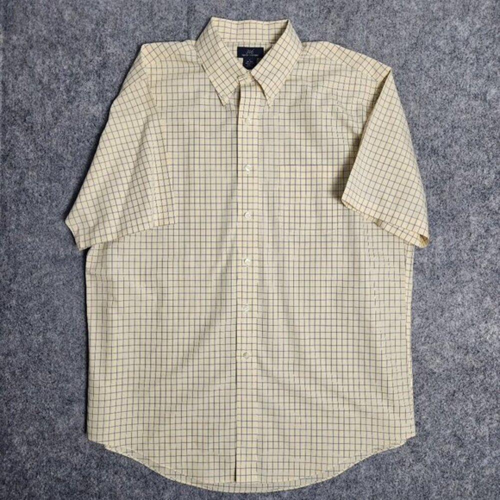 Brooks Brothers 346 Shirt Men L Yellow‎ Blue Plaid Short Sleeve Button Non Iron